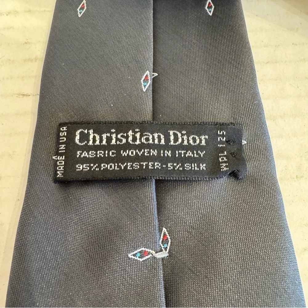 Vintage Christian DIOR Designer Neck Tie Striped Gray Diamonds Business Preppy